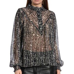 Neo Noir Flavi Graphic Drop Blouse Top Smocked Shirt Ruffle Sheer XS 34 278256